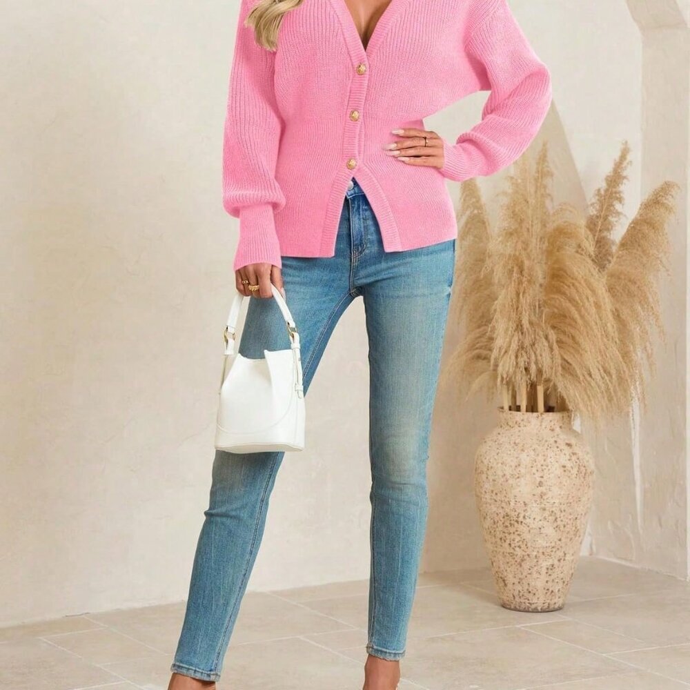 Pink Casual Women's Chunky Knit Open Cardigan - Picture 3 of 3